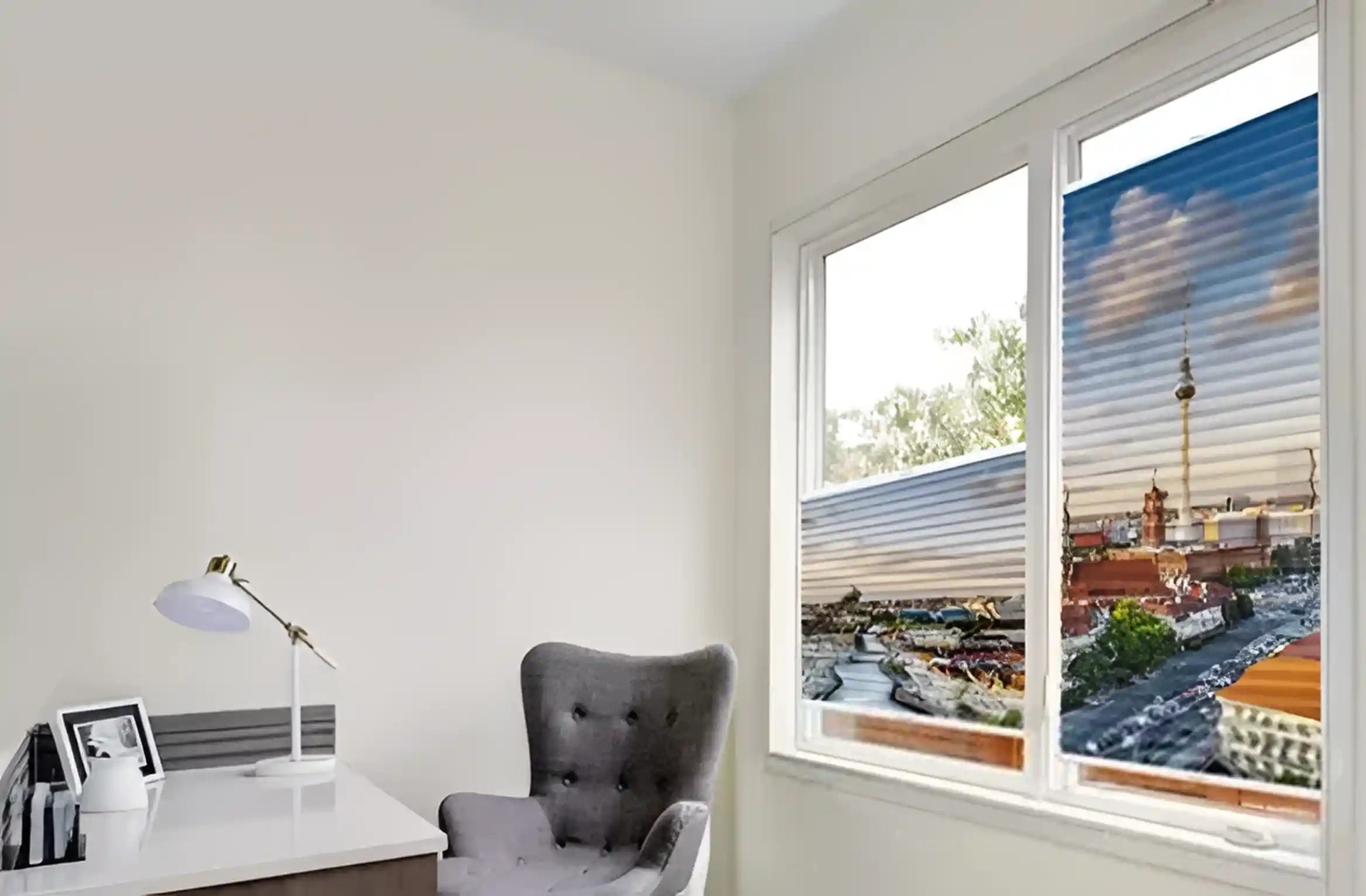 Foto Wabenplissee bedruckt am Büro Fenster