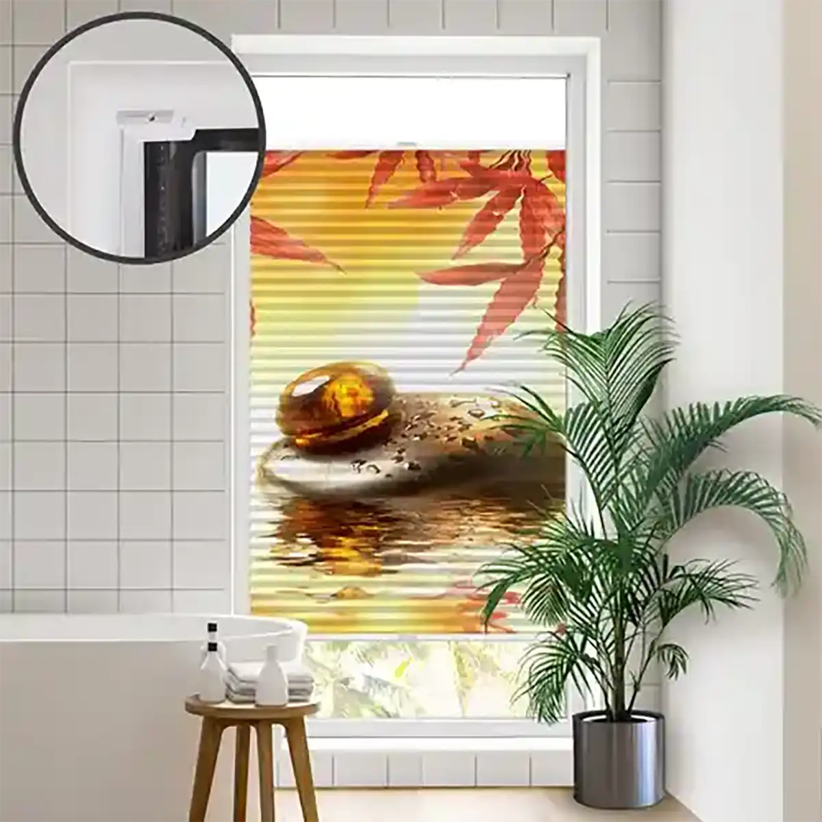 Foto Wabenplissee bedruckt im Badezimmer
