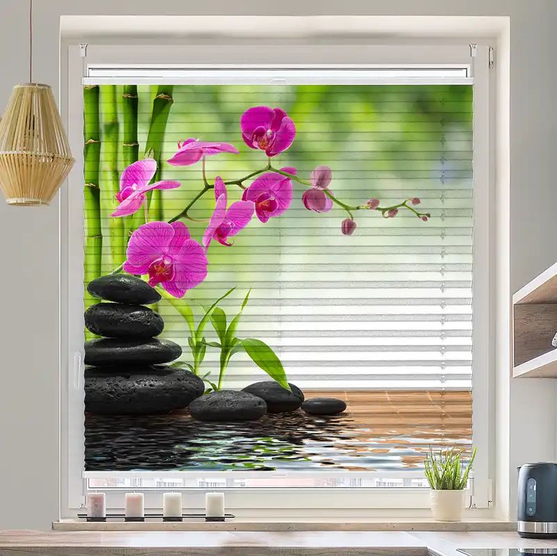 Foto Plissee "Schwarze Steine Orchidee"