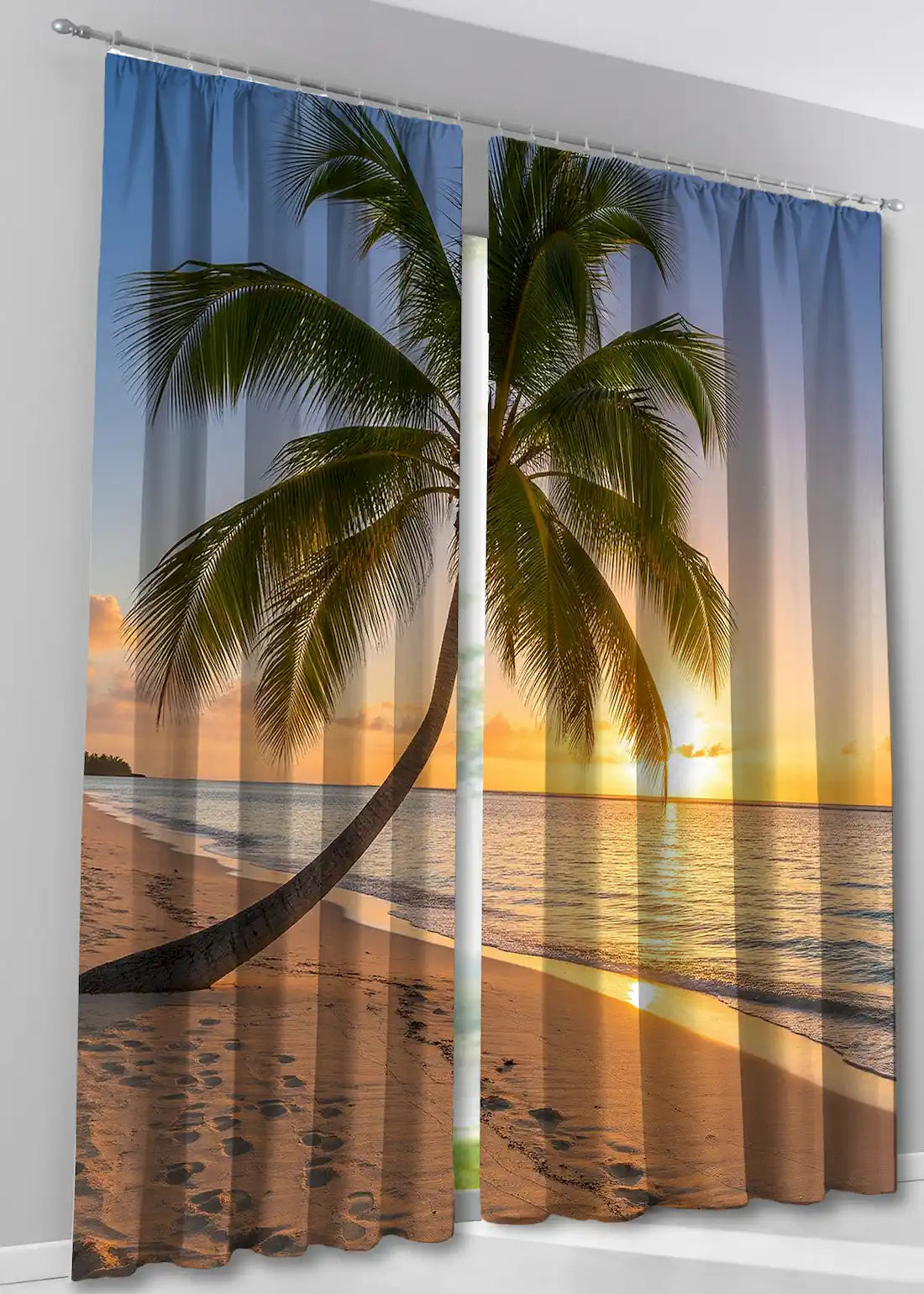 Fotovorhang Sonnenuntergang am Strand mit Palme