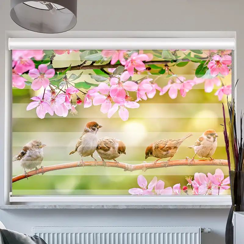 Foto Doppelrollo mit Kassette "Spatzen Auf Zweig Mit Blüten"