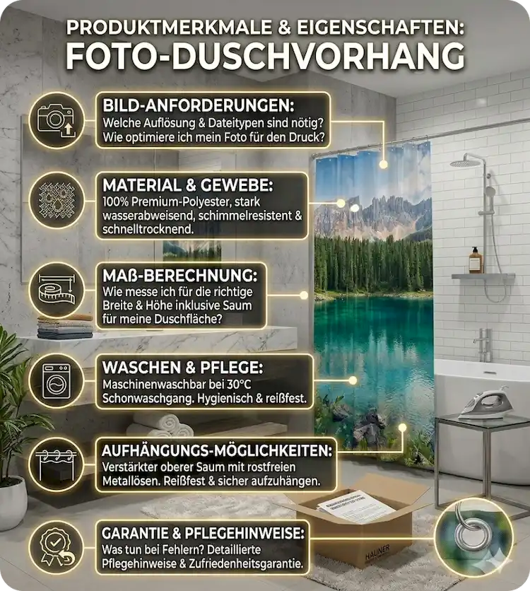 Produktmerkmale und Eigenschaften von einem Foto-Duschvorhang