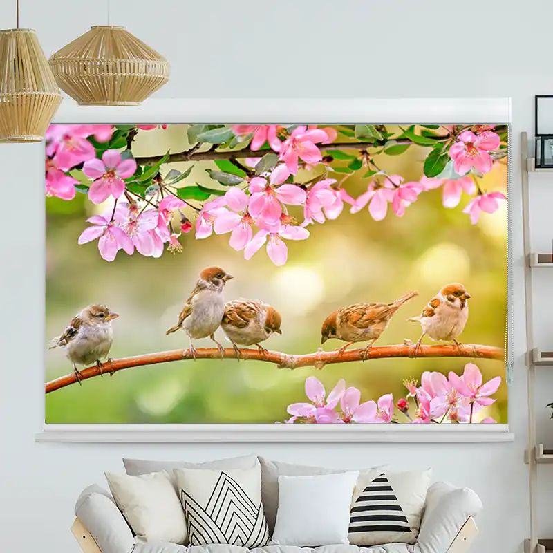 Foto Rollo mit Kassette "Spatzen Auf Zweig Mit Blüten"