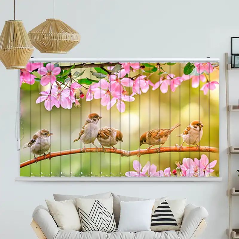 Foto Lamellenvorhang "Spatzen Auf Zweig Mit Blüten"