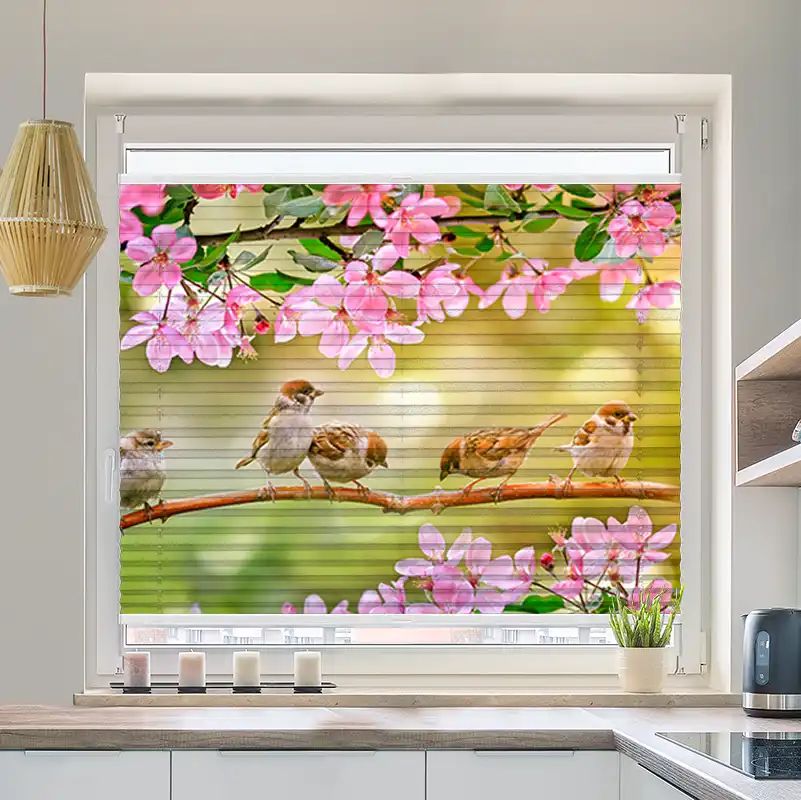 Foto Plissee "Spatzen Auf Zweig Mit Blüten"