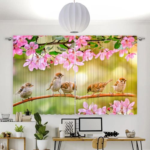 Fotovorhang "Spatz Ast Rosa Blueten"