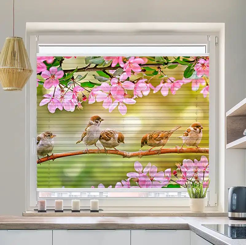Foto Wabenplissee "Spatzen Auf Zweig Mit Blüten"